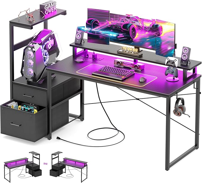 Aheaplus Gaming Desk with LED Strip &amp Power Outlet 59Inch Reversible Computer Desk with Monitor Stand &amp Storage Shelves Home Office Desks with Fabric File Drawer PC Gamer Table Carbon Fibe