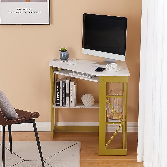 VECELO Corner Desk Computer Desk Writing Table with Smooth Keyboard Tray&ampStorage Shelves for Small Spaces/Compact Home Office Triangle TableGold &amp White