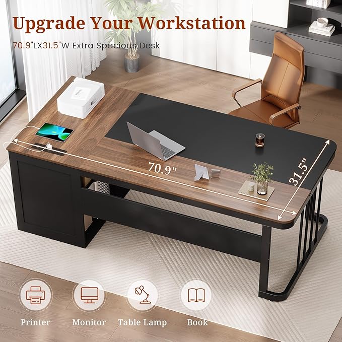 70.9 Executive Desk with Power Outlet Large Office Desk with Drawers &amp Lateral File Cabinet Long Computer Desk with Adjustable Storage Shelves Modern Workstation Business Furniture (Walnut)