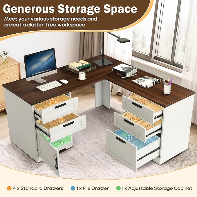 60 L Shaped Executive Desk with Drawers Farmhouse Home Office Desk with Charging Station Wood Computer Corner Desk with File Storage Cabinet for Home Office Work and Study (White)