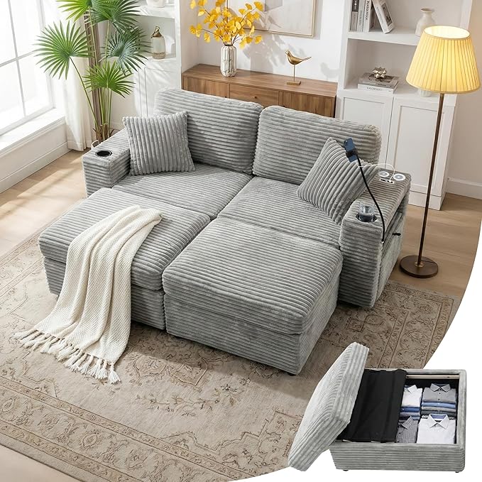Double Chaise Lounge Chair Indoor Oversized Loveseat with Ottoman Storage USB Charging Cup Holders Phone Stand LED Corduroy Couch (Grey)