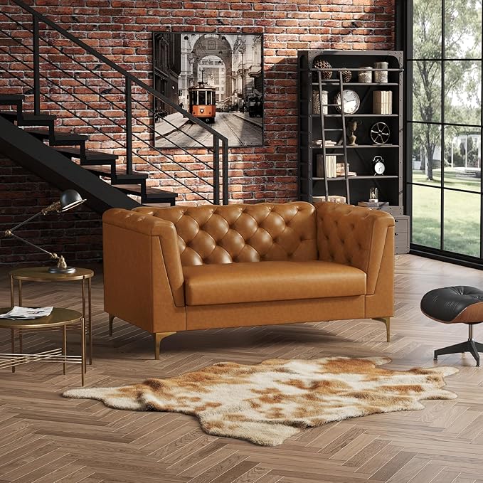 60 Mid-Century Modern Sofa CouchFaux Leather 2 Seater Sofa and Comfortable CushionsComfy Deep Seats Sofa Modern Couch for Living RoomOffice Apartment Small SpaceTool-Free AssemblyBrown