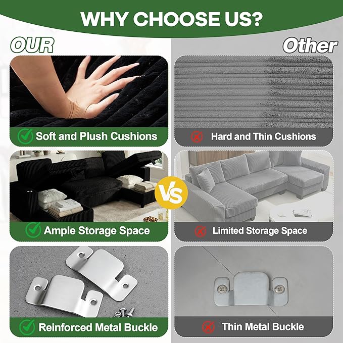 Oversized Sectional Couch U Shaped Corduroy Couch for Living Room Sectional Sleeper Sofa with Pull Out Bed Convertible Sofa Bed for Living Room Bedroom and Apartment Black