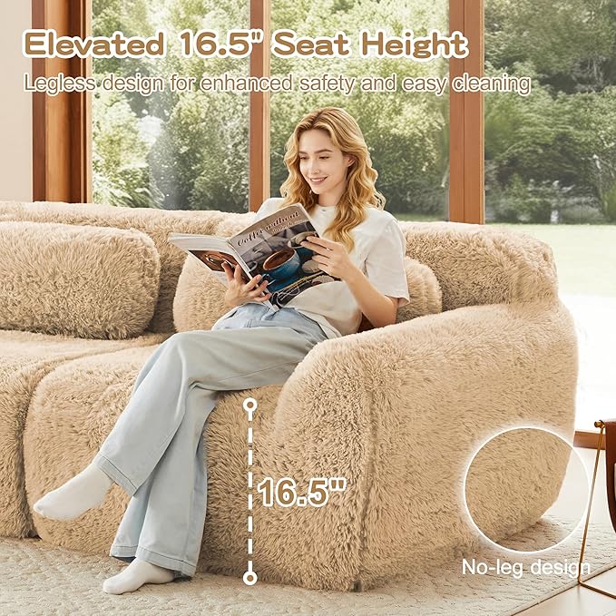 80.4”Boneless Cloud Couches Soft Fluffy Plush Fabric Modular Sectional Sofa Bed with 2 Ottoman Loveseat Light Khaki Couches No Assembly Required Comfy Sofa for Living Room