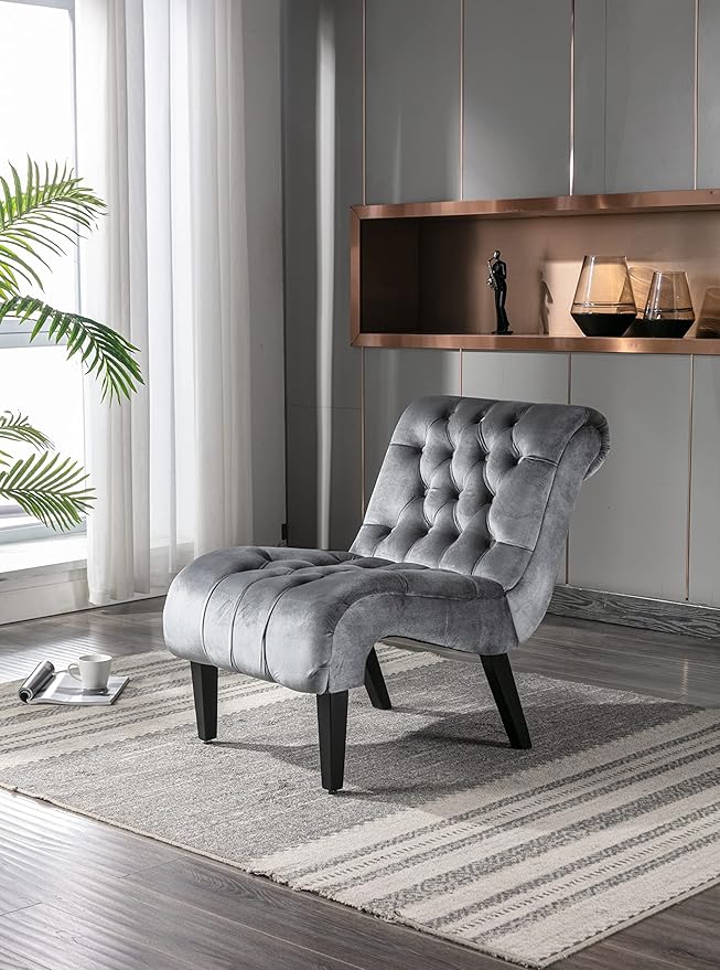 Modern Velvet Armless Accent Living Room Chair Leisure ChairUpholstered Fabric Button Comfortable Chair with Wooden Legs for Bedroom Living Room Office (Silver Velvet)