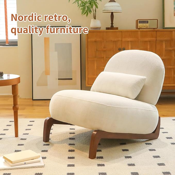 ZeHuoGe Cute Accent Chair with Solid Wood Legs Velvet Living Room Chair with Soft Cushion Cozy Read Room Chair Armless Relax Chair for Apartment Waiting Room Balcony (White)