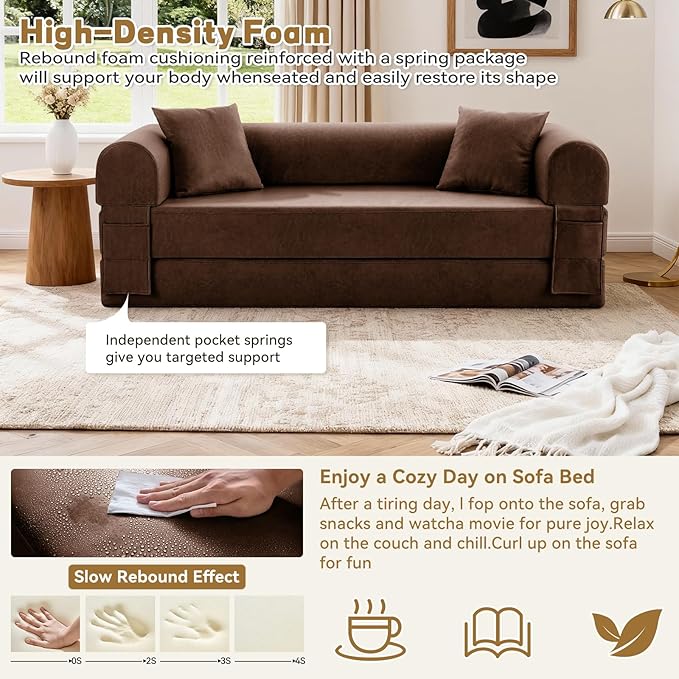 Convertible Sleeper Sofa Bed78.5 Inch Faux Leather Futon Couch with Pillows &amp Storage Pocket5-in-1 Folding Sofa Bed Queen with Pull Out BedsBoneless Couches for Living RoomCouch in a BoxBrown