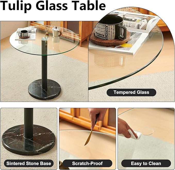 Modern Circle Dining Table Set for 4 35.43-Inch Kitchen Coffee Table Set with 4 Seated Dining Chairs Upholstered Velvet Reception Room Chairs Tulip Glass Table Set Metal and Marble Base