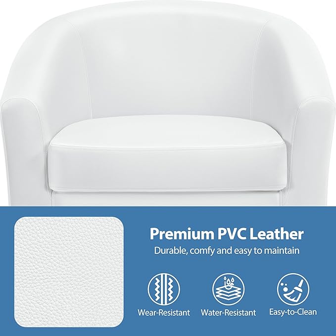 Yaheetech White Leather Chair Faux Leather Accent Chair Modern Barrel Chair Comfy Club Chair with Soft Padded and Solid Legs for Living Room Bedroom Reception Room White