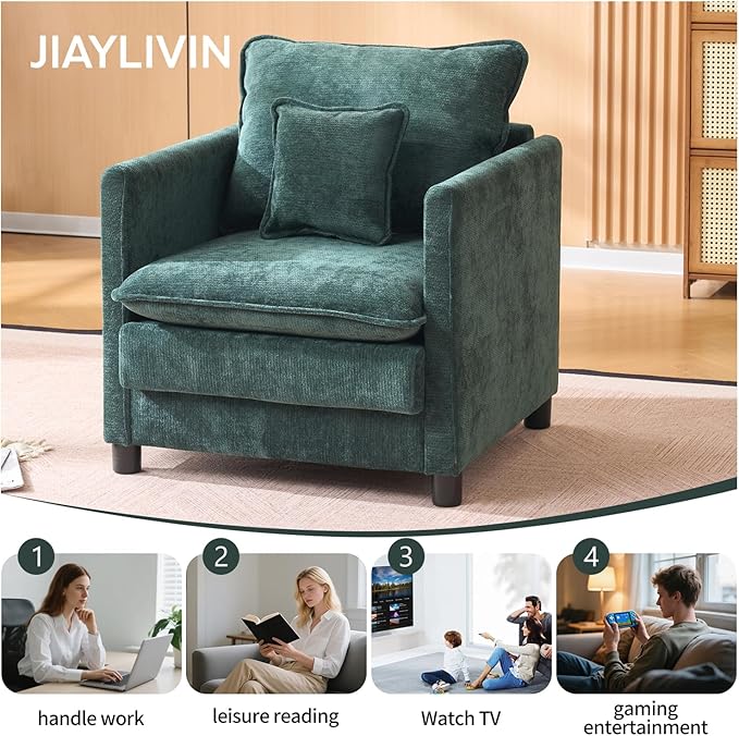 Modern Living Room Accent Chair Comfy Reading Armchair Oversized Chenille Upholstered Single Sofa Chair with Pillow for Bedroom Office Apartment Home Theater Indoor (Dark Green)
