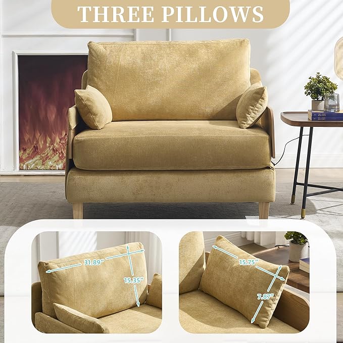 TTK 3-in-1 Foldable Sofa Bed Recliner Sleeper Mid-Century Modern Convertible Sofa Chair with 3 Pillows Space-Saving Design for Small Spaces Bedroom Study &amp Guest Room Yellow