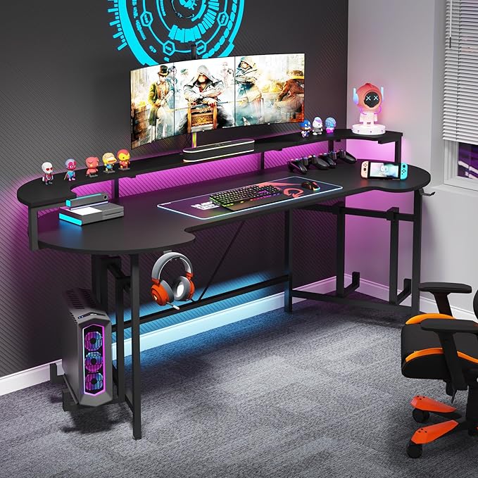 LITTLE TREE LED Gaming Desk with Monitor Shelf Carbon Fiber Surface Gaming Table Gamer Workstation for Home Office Black