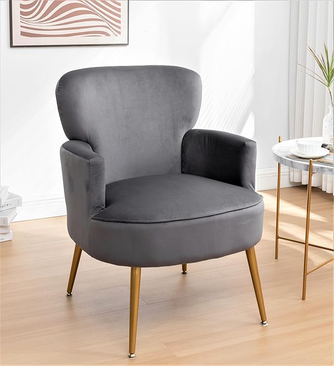 Trendy Velvet Accent Chair with Gold Metal Legs Upholstered Armchair for Small to Mid-Size Spaces Modern Living Room Bedroom Vanity Desk and Entryway Grey