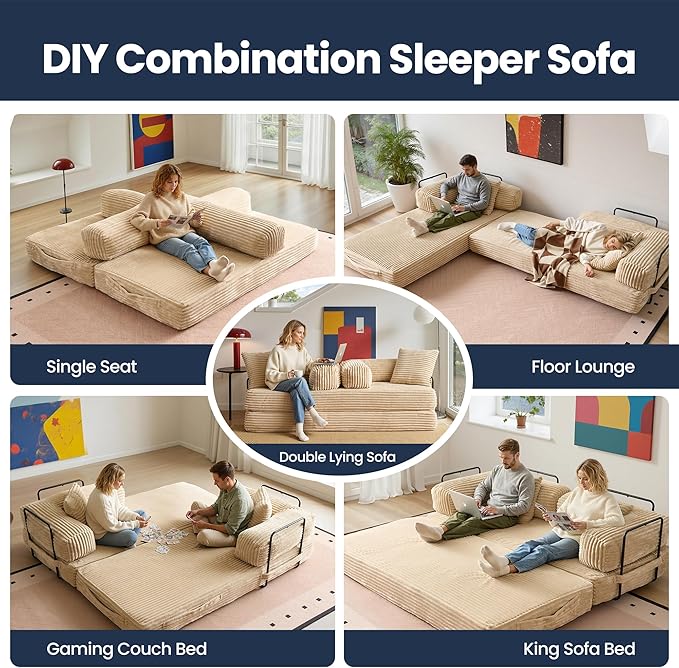 4-in-1 Folding Convertible Sleeper Sofa Bed81 Plush Corduroy Boneless Couch Pull Out BedsLoveseat Floor Futon for Small Spaces Living Room Bedroom ApartmentBeige