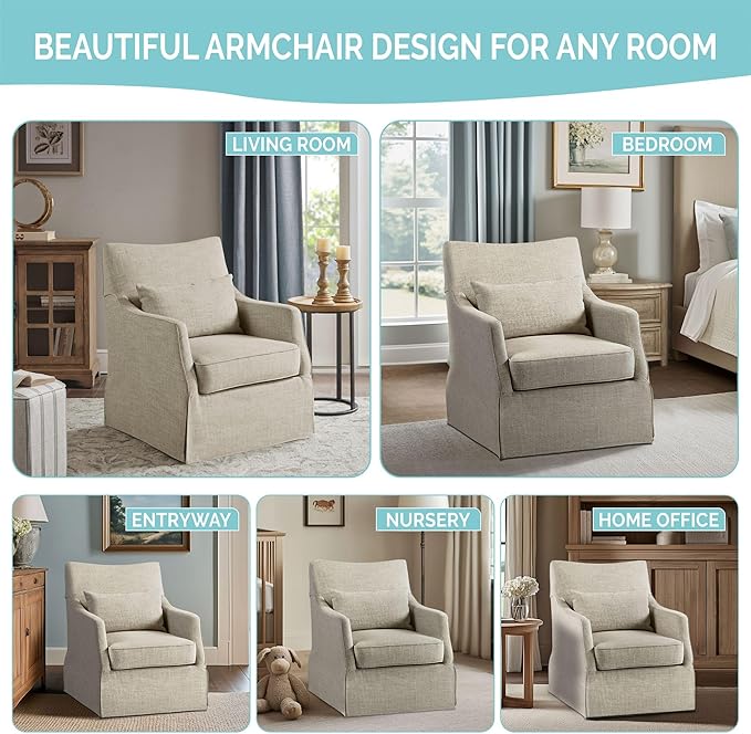 Martha Stewart London Swivel Chair - Solid Wood &amp Plywood Skirted Metal Base Accent Armchair Lumbar Pillow -Modern Classic Family Room Sofa Furniture Bedroom Lounge 28X31.5X35.25 Light Blue