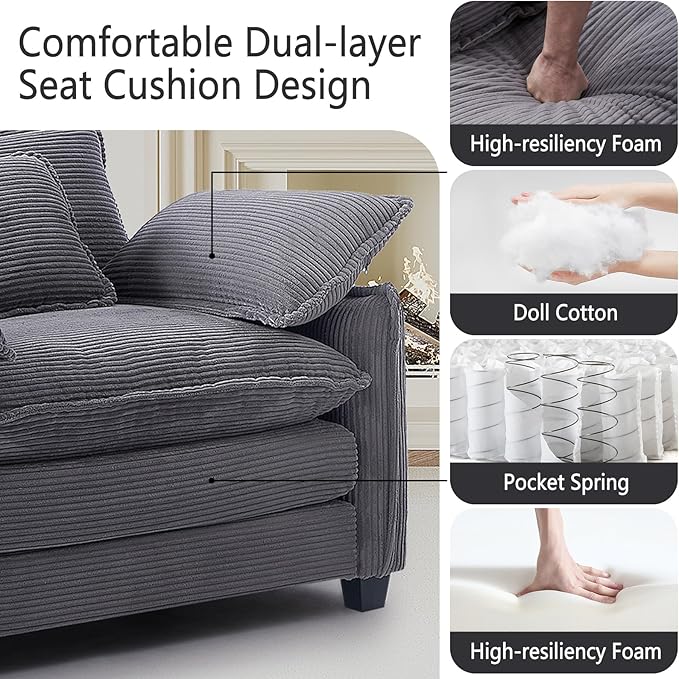 Oversized Chair with Ottoman Modern Corduroy Sofa Bed Single Sofa Chaise Large Upholstered Sofa for Living Room Bedroom (Grey)