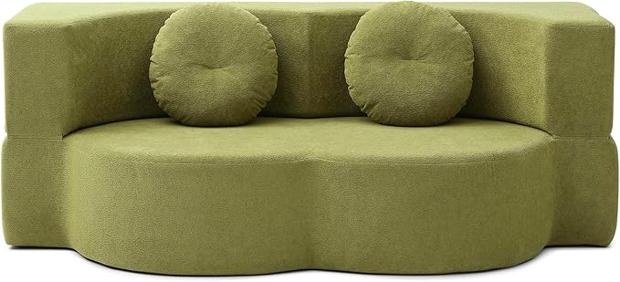 76 Convertible Folding Futon Sofa Bed Queen Sleeper Sofa with Pillow Teddy Fabric Floor &amp Futon Loveseat Couch Foam Folding Mattress Sleeper for Living Room Guest Use Office Apartment(Green