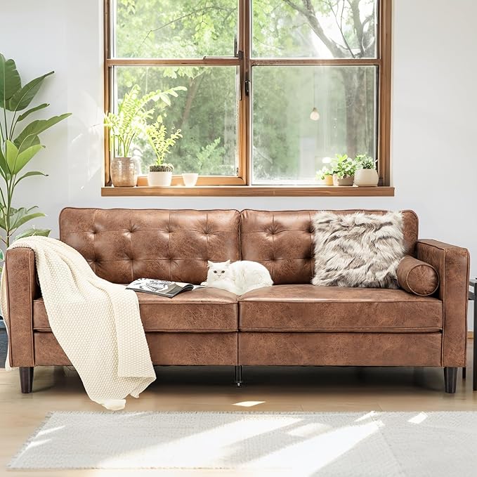 Esright Mid Century Modern Faux Leather Sofa 84.2-Inch 3-Seater Vintage Couch with 2 Bolster Pillows Large Brown Sofa for Living Room Apartment Office