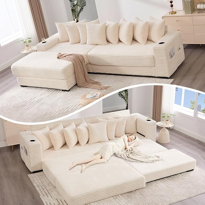 Sleeper Sofa Bed King Corduroy Modular L Shaped Sofa Oversized Reversible Chaise Lounge Modern Sectional Couch with Ottoman Cup Holder Side Pocket 8 Pillows for Living Room Beige