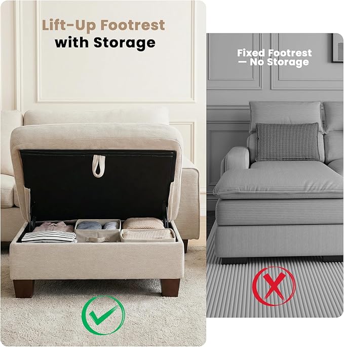 DOPEDIO L-Shaped Sectional Sofa with Storage Ottoman Modern Chenille Recliner Loveseat Removable Couch Covers Pocket Spring Cushions Solid Wood Frame Easy to Install (71.25inch Beige)