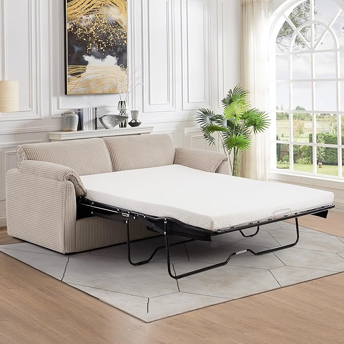 Pull Out Sofa Bed Corduroy Queen Sleeper Couch with Foam Mattress Large Sofa Sleeper Pullout Couch Bed for Living Room Office Queen Size (Beige Brown)