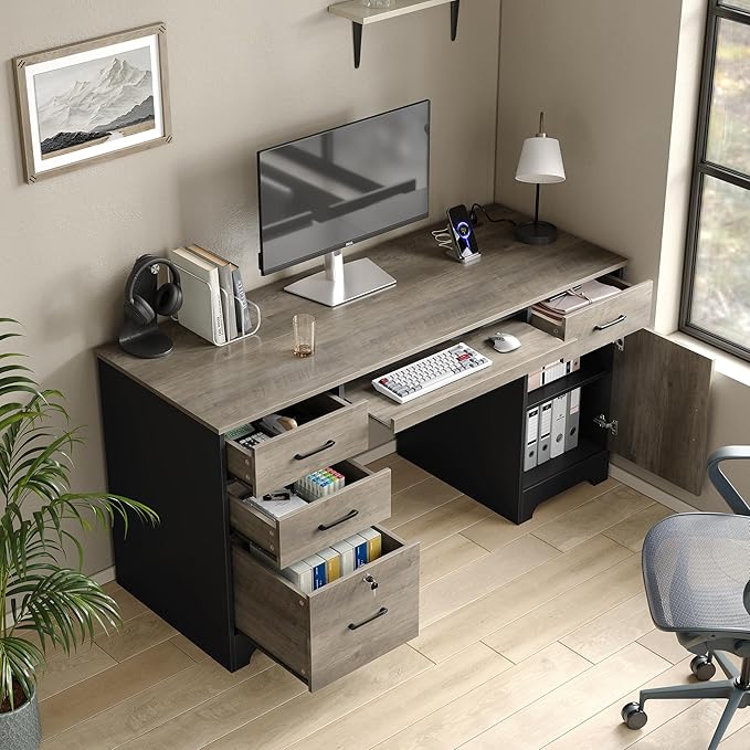 59” Executive Desk with 3 Drawers Computer Desk with Storage Cabinet Industrial Wood Desk with File Drawer Keyboard Tray &amp Power Outlets for Home Office Gray