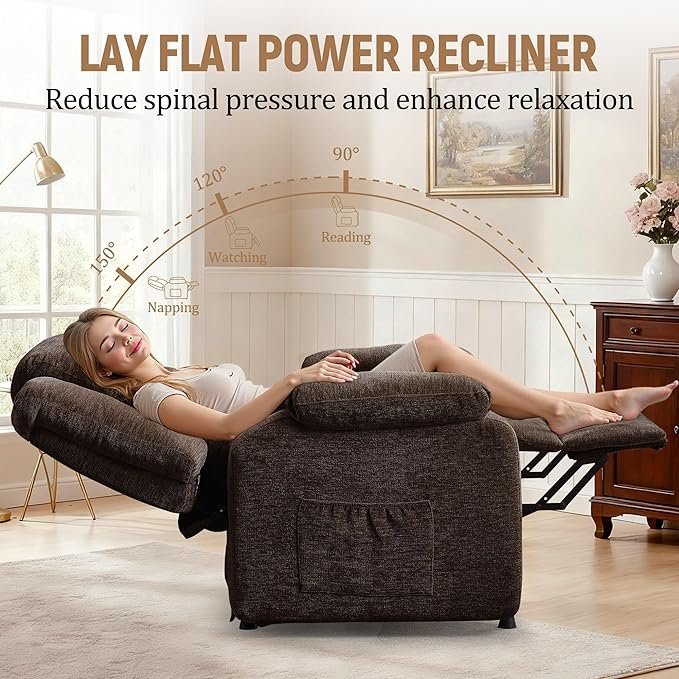 Power Recliner Chair for Adults Oversized Electric Recliner with Thickened Cushions Chenille Fabric Reclining Chair for Living Room Bedroom Brown