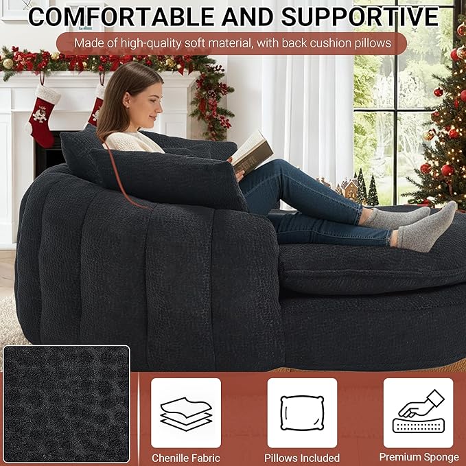 71 Oversized Round Chair Giant Bean Bag Couch Chairs for Adults Fluffy Chenille Boneless Couch Circle Bed with 5 Pillows Extra Deep Seat for Living Room Lounge No Assembly Required (Black)