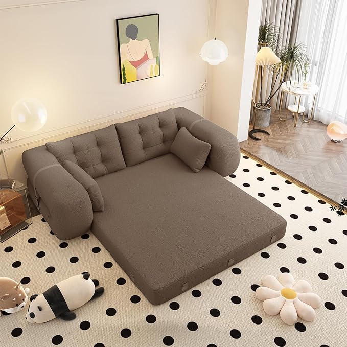 79 Modern Brown Teddy Convertible Futon Couch Sofa Bed 3 in 1 Pull Out Memory Sleeper Cloud Sofas Double Full Size Boneless Love Seat Beds for Living Room Dorm ApartmentBedroom (Brown)