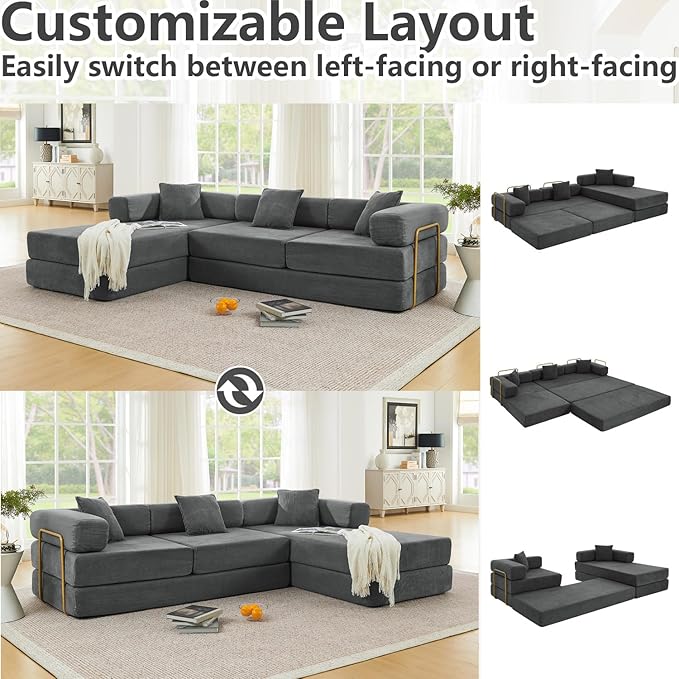 HANXIN 108 Modular Sectional Sofa Futon Convertible Sofa BedOversized Corduroy Boneless Couch for Living RoomFloor Loveseat Sleeper with Pull Out BedFree CombinationNo Assembly Required (Grey)