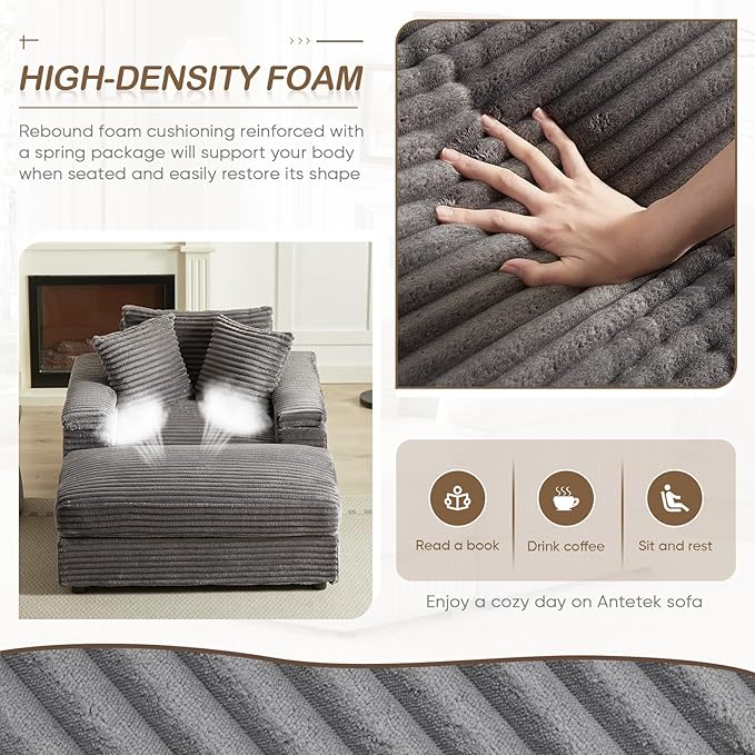Chaise Lounge Chair Indoor 44 Inch Comfy Corduroy Sectional Cloud Couch Upholstered Single Sofa w/Movable Ottoman for Living Room Bedroom Apartment Grey