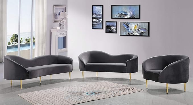 Meridian Furniture Ritz Collection Modern | Contemporary Velvet Upholstered Loveseat with Sturdy Metal Legs in Rich Gold Finish Grey 67 W x 31.75 D x 30.5 H