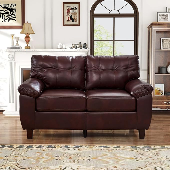 59W Faux Leather Sofa Loveseat Couch with Hidden Storage &amp Tufted Backrest Upholstered Mid Century Modern Couch Deep Seat Comfy Chesterfield Sofa for Livingroom Bedroom Office(2 Seater Burgu