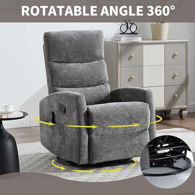 Swivel Recliner with Heat and Massage Rocker Recliner Chair for Living RoomGlider Recliner Nursery Chair with Black Metal Base/Adjustable Backrest and Footrest (Fabric Grey2)