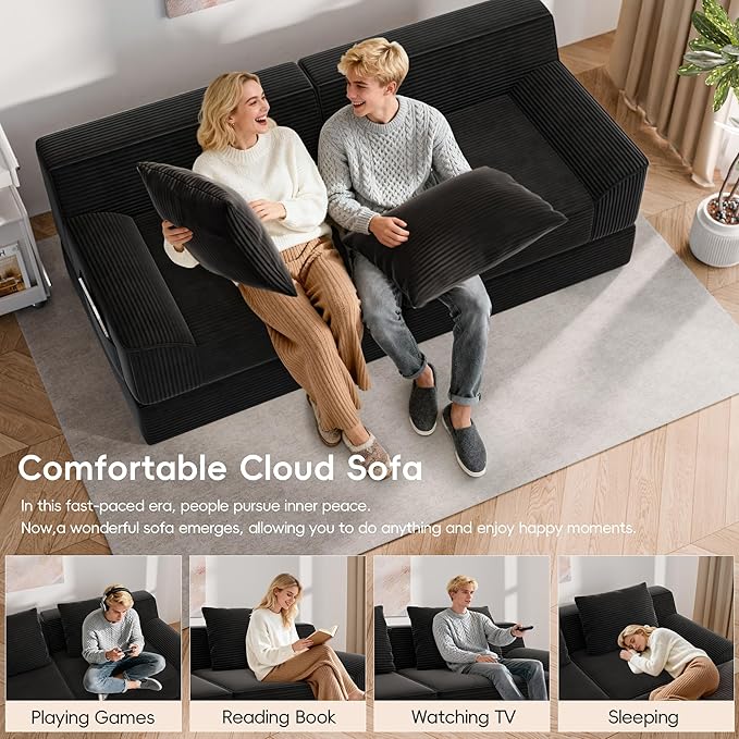 Convertible Sofa Bed 79 Inch Boneless Couch Corduroy Loveseat Sleeper Oversized Double Lounge Chaise Cloud Futon Floor Sofa Modular Futon Couch for Living Room Bedroom Lounge (Black)
