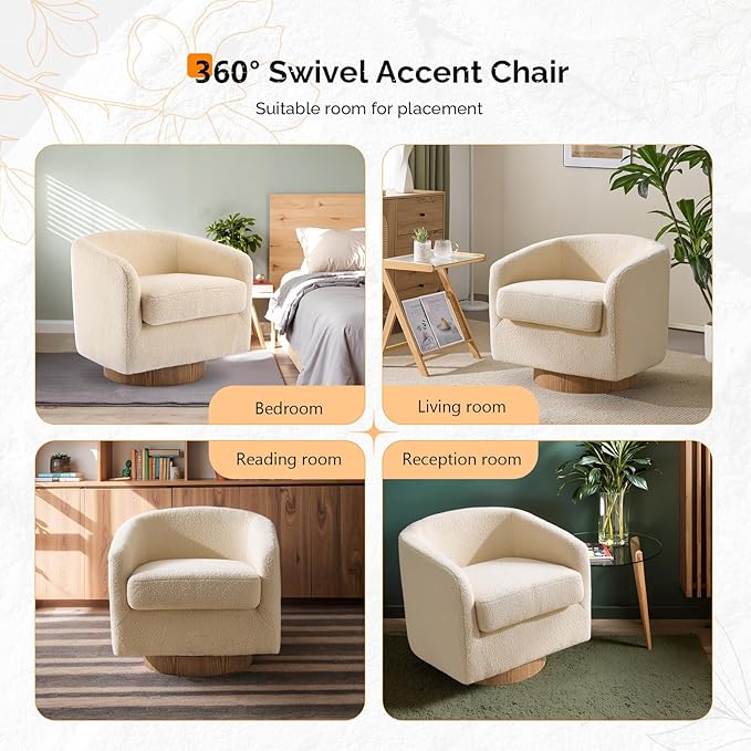 VINGLI 360°Swivel Accent Chair with Engineered Wood Base and Removable Cushion for Living Room Bedroom Curved Back Barrel Chair for Small Space Upholstered Bucket Armchair Teddy Khaki