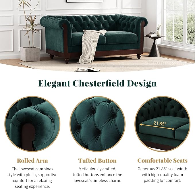 Merax Velvet Chesterfield Sofa Retro Style Upholstered 3 Seater Leather Couch Rolled Arm for Living Room Bedroom Office Dark Green