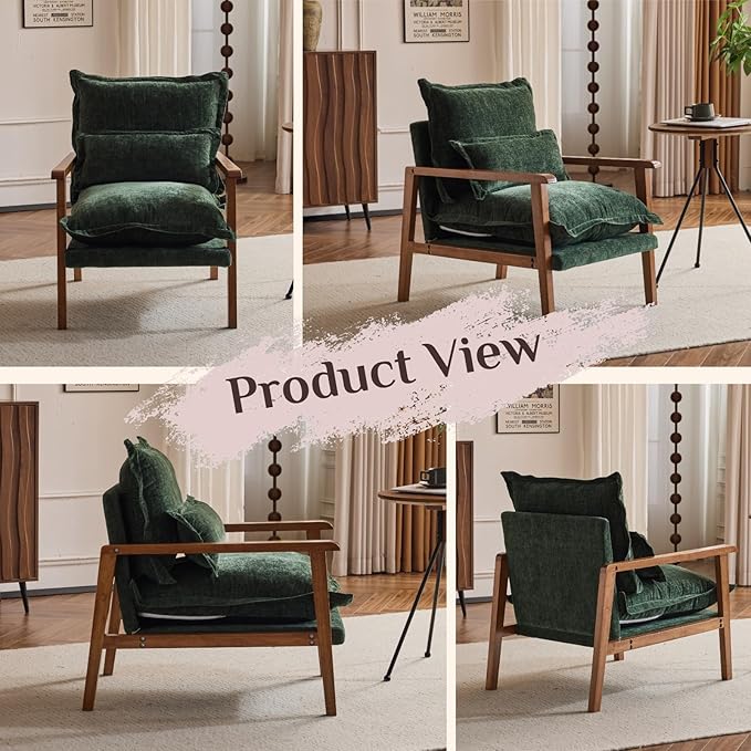 Karl home Midcentury Accent Chair for Living Room Chenille Upholstered Lounge Armchair with Lumbar Pillow Ruffle-Designed Cozy Reading Chair with Wood Legs Dark Green