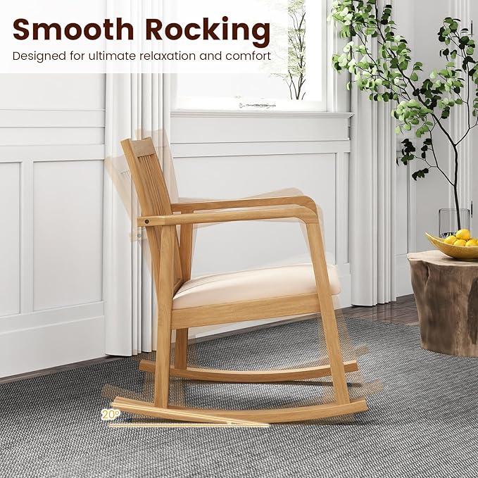 Giantex Rocking Chair with Cushioned Seat Indoor Solid Rubber Wood Rocker Chair w/Slatted Back &amp Curved Armrests Wooden Accent Armchair for Living Room Bedroom Study Porch (2Natural + Beige)