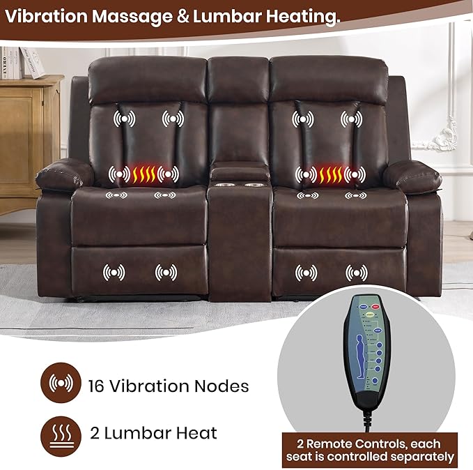 Power Reclining Loveseat with Console 70.9 Faux Leather Loveseat Recliner with Heat &amp Massage Double RV Recliner Sofa with Cup Holders USB &amp Type-C Ports Storage Pocket