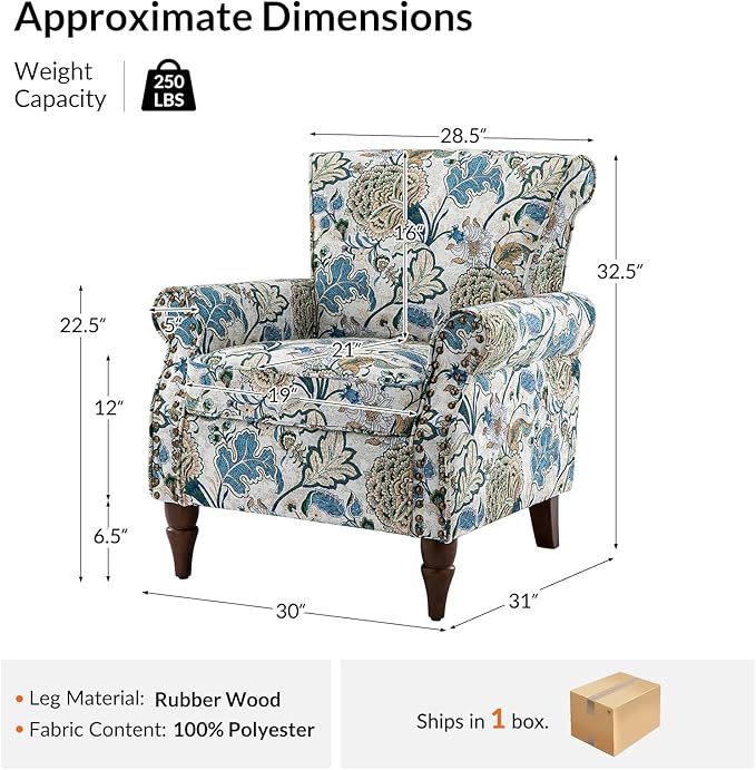 Wingback Accent Chair with Wood Legs Modern Comfy Upholstered Armchair with Removable Cushion and Nailhead Trim Floral Pattern Single Sofa Reading Chair for Living Room Bedroom