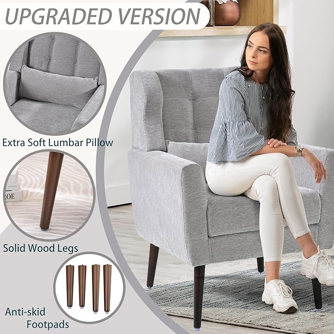 Modern Accent Chair Upholstered Armchair with Pillow Fabric Single Sofa Chair with Lounge Seat Solid Wood Legs Accent Chair for Living Room Bedroom Small Spaces (Grey)