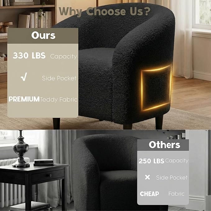 Modern Accent Barrel Chair Comfy Teddy Fabric Club Armchair with Side Pocket Easy Assembly Living Room Corner Chair for Bedroom Office Reception Space