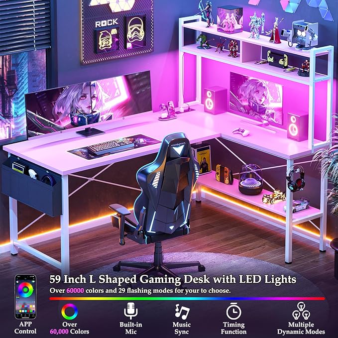 Aheaplus L Shaped Desk Gaming Desk 59 L Shaped Computer Desk with LED Light &amp Power Outlet Reversible Home Office Desk Gamer Desks with Shelves &amp Storage Bag &amp Hooks Corner PC Desk Pi