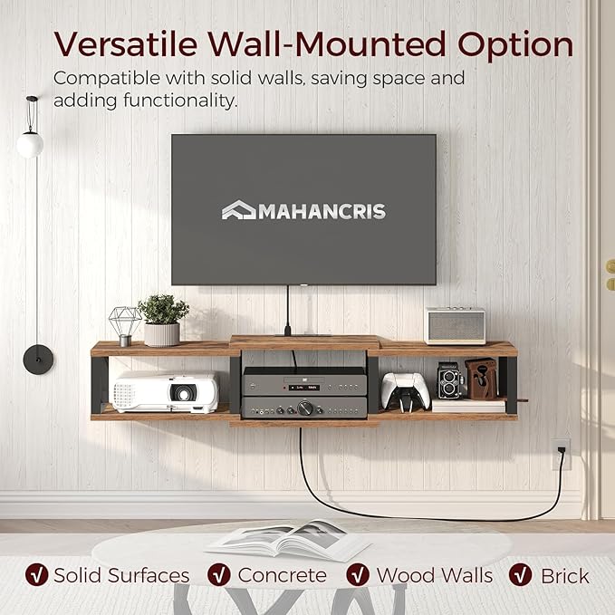 43.7” Floating TV Stand with Power Outlet Wall-Mounted Entertainment Center Floating Metal Frame Media Console Shelf for Under TV Storage for Living Room Bedroom Rustic Brown TVHR101E01