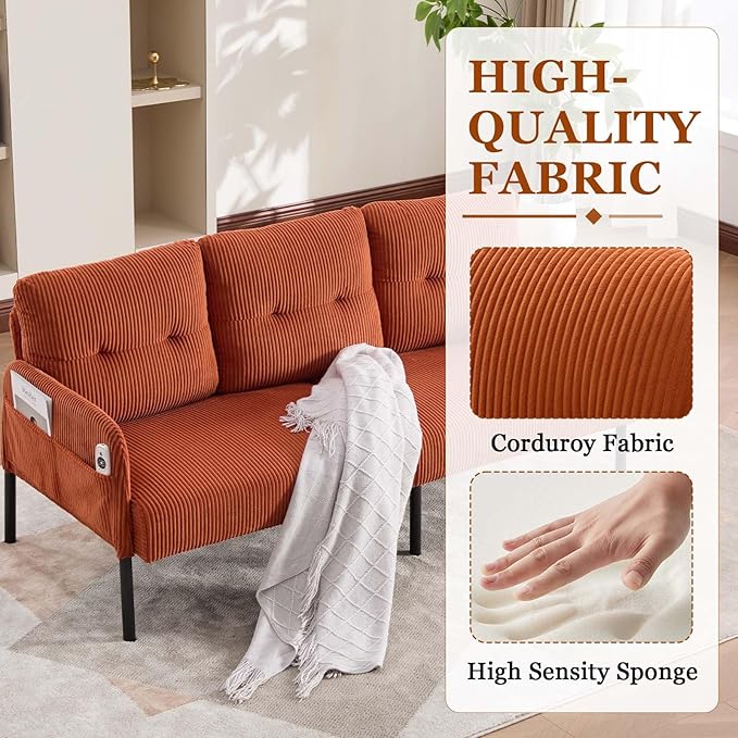 Loveseat Sofa 67” Small Sofa Couch for Living Room Comfy Corduroy Fabric Love Seat for Bedroom with Throw PillowRemovable Cushion CoverCouches for Small SpaceApartmentDorm (Orange)