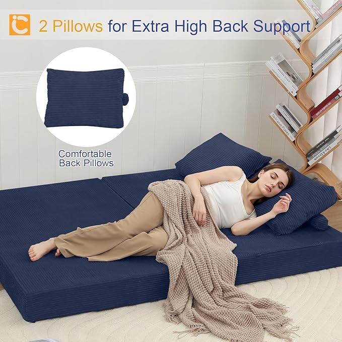 COMAX Convertible Sofa Bed Folding Floor Couch Corduroy Fold Out Couch Bed Futon Sleeper Mattress with Pillows Boneless Sofa Comfy Lounge Loveseat for Living Room Bedroom Navy