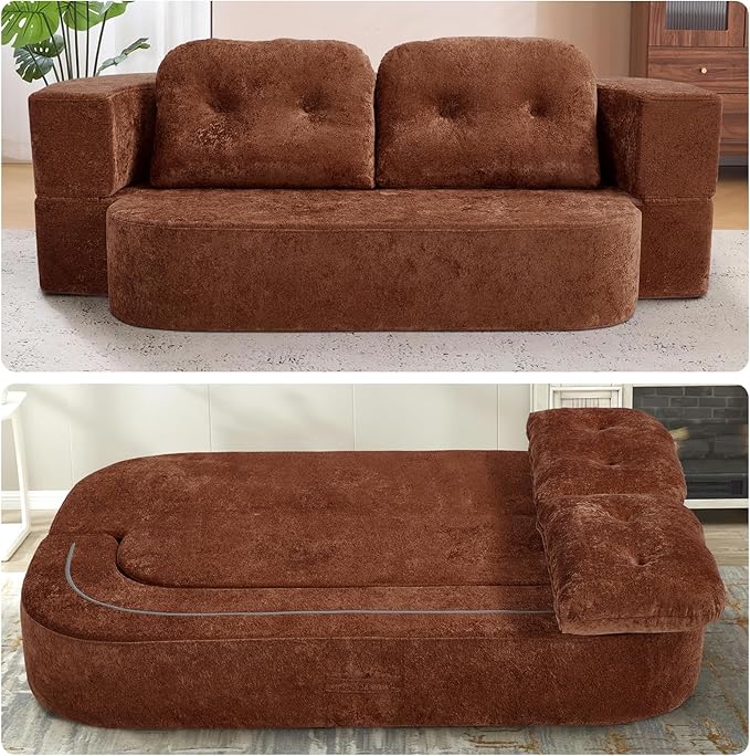 Hommoo Compression Sofa Convertible Sofa Bed Folding Sleeper Futon with Back Armrest 2 in 1 Floor Lounge Couch Chenille Fabric Foldable Mattress Couch for Living Room/Guest Room/Apartment Orange