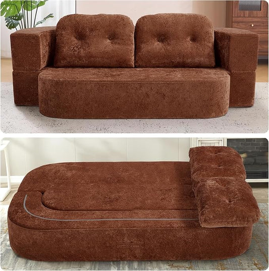 Hommoo Compression Sofa Convertible Sofa Bed Folding Sleeper Futon with Back Armrest 2 in 1 Floor Lounge Couch Chenille Fabric Foldable Mattress Couch for Living Room/Guest Room/Apartment Orange