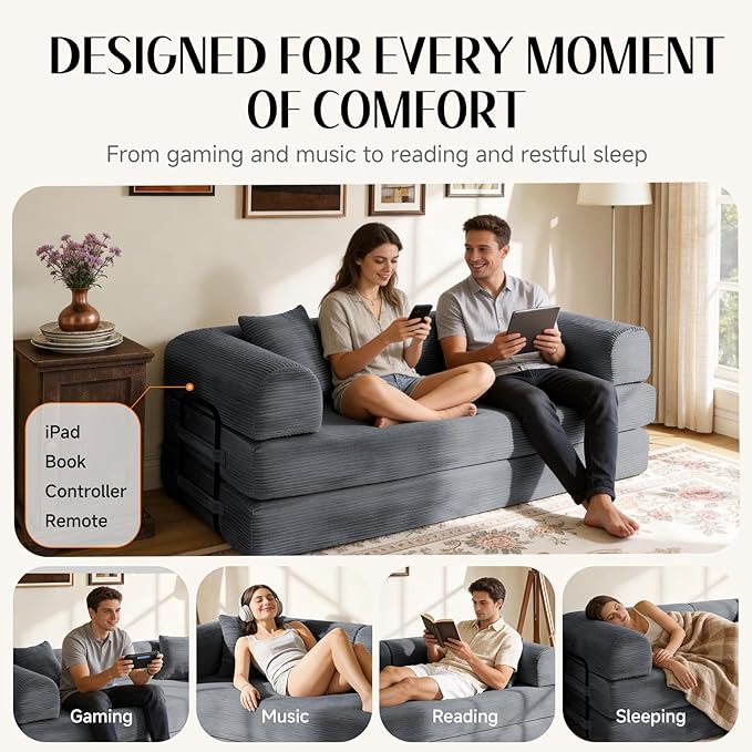 79 Corduroy Sofa Bed Boneless Couch in a Box with 2 Pillows High-Density Foam 4-in-1 Foldable Sleeper Futon Loveseat for Small Spaces No Assembly Side Pockets Dark Grey